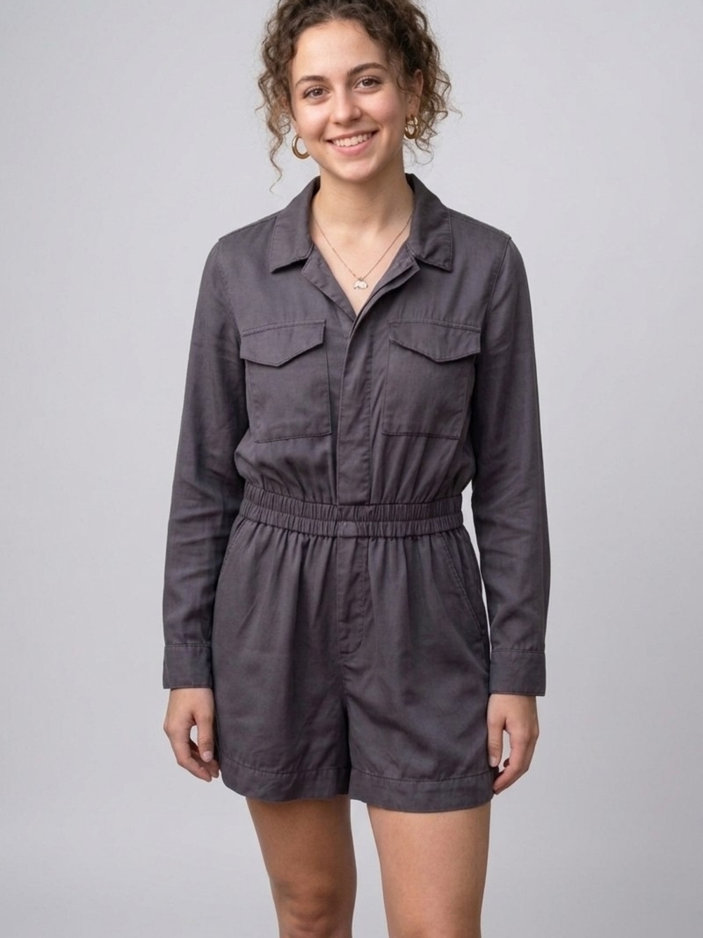 Dynamite Charcoal Gray Utility Romper S Cargo Utility Stylist Long Sleeve
